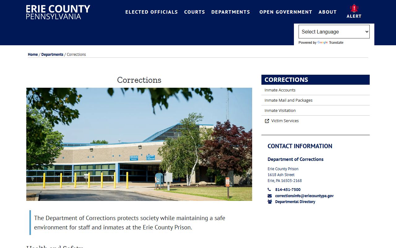 Erie County Prison inmate information phone line on the Erie County Corrections page