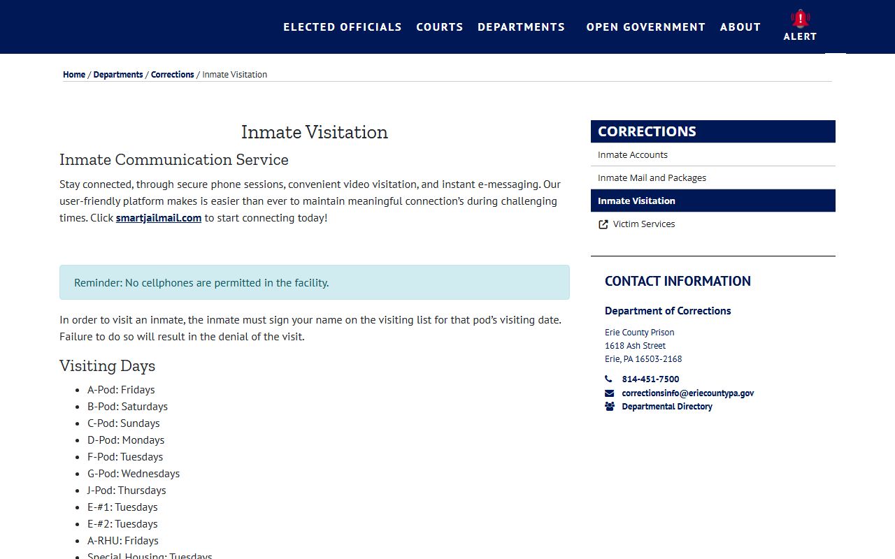 Erie County Prison inmate visitation schedule and jail visiting rules