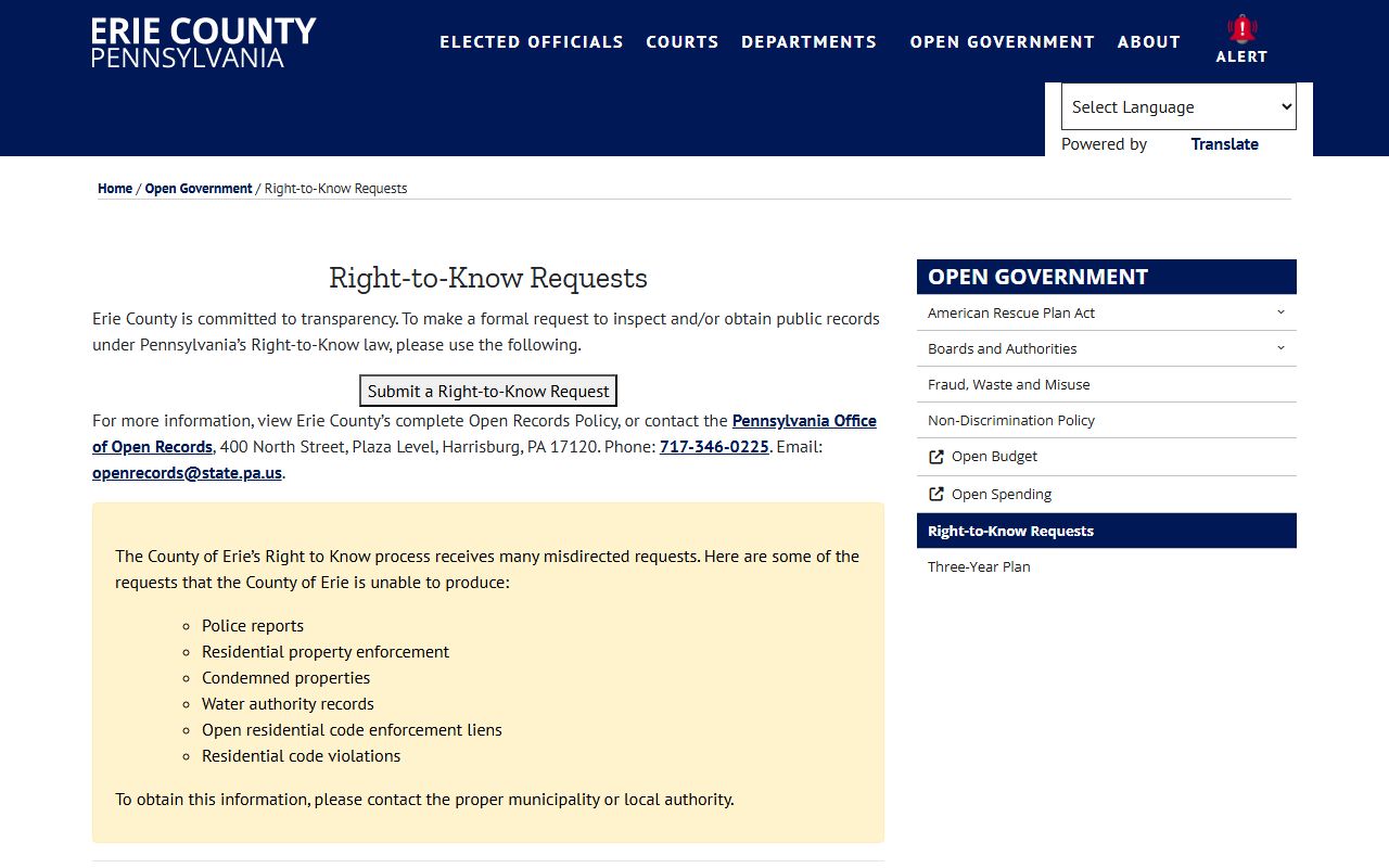 Erie County jail mugshots Right-to-Know request page for booking photo records
