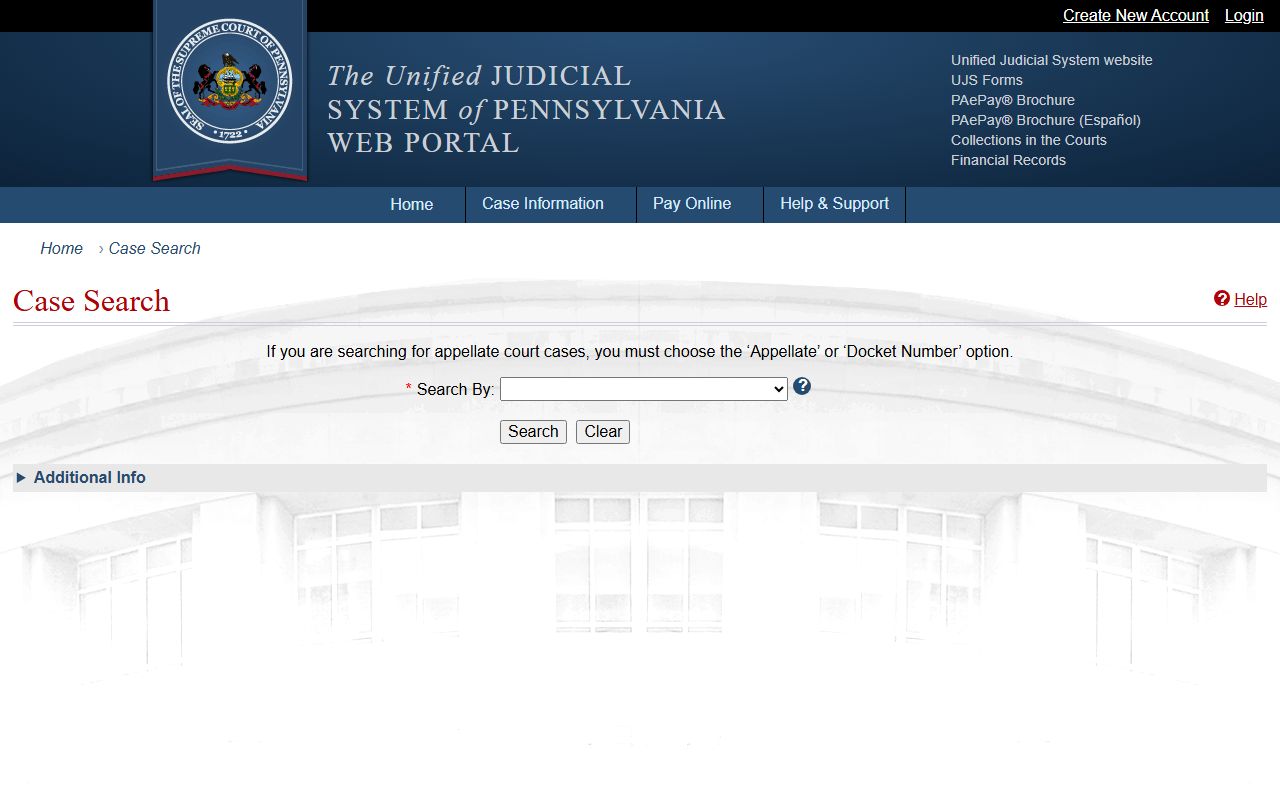 Erie County court records after arrest UJS Case Search fields